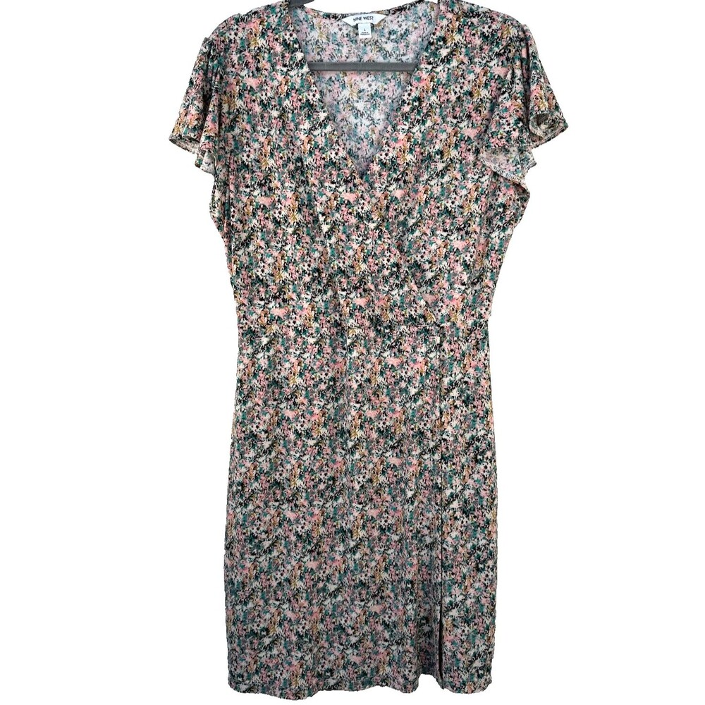 Nine West Faux Wrap Feminine Floral Printed Midi Dress with Flutter Sleeve Large